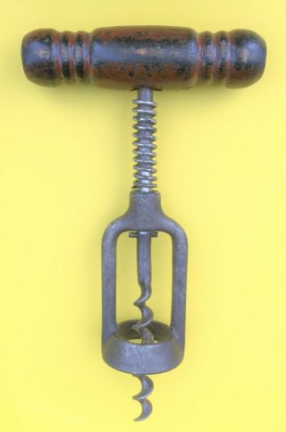 Antique Iron Corkscrew with Wooden Handle and Steel Spring 3
