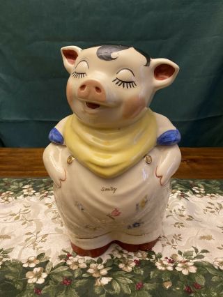 Vintage Shawnee Smiley Pig Cookie Jar Yellow Scarf Rare With Hair