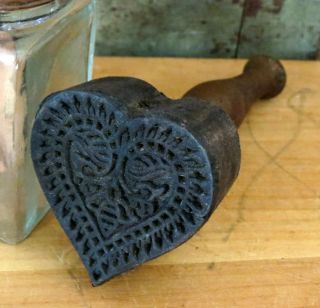 Heart W Honey Bees Carved Primitive Farmhouse Wood Butter Mold Stamp Press