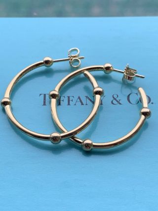 Tiffany & Co 750 18k Yellow Gold Beaded Hoop Earrings Rare 8.  2 Grams 1.  15 Inches