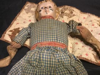 Antique Vintage German Minerva Tin Head Folk Art Doll Handmade Clothes 3