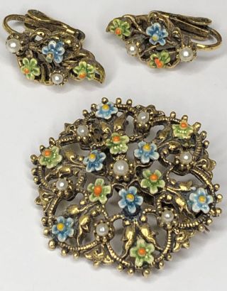 Vintage Signed Art Antiqued Gold Tone Enamel Flower Brooch Pin Clip Earring Set