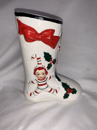 Rare Vintage Ucagco Ceramic 1950s Christmas Boots With Pixie Elf