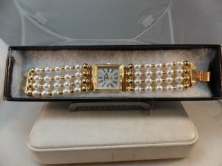 Joan Rivers Classics Gold Tone 4 Row Faux Pearl Band Watch Battery