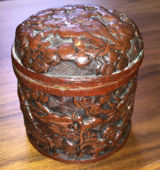 Antique Chinese Cinnabar Round Covered Tall Box Enamel Carved Dragons & Trees