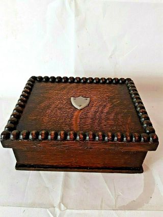 Vintage Wooden Box With Lid Brass Hinges Silver Emblem On Lid