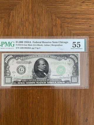 Rare “mule”1934 - A $1000 Federal Reserve Note - " Gm " Chicagopmg Certified Au55