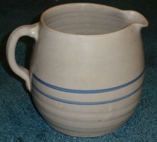 Primitive Stoneware Ceramic Pottery Crock Pitcher Blue Stripe Country Kitchen