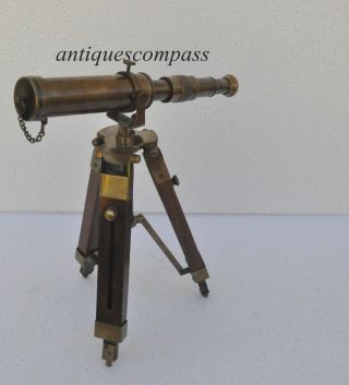 Antique Nautical Vintage Decorative Solid Brass Telescope With Wooden Tripod