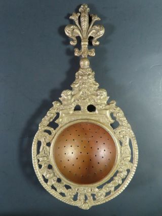 Antique Baroque Bowl Strainer Brass Cherub,  Fluer De Lis,  Lion