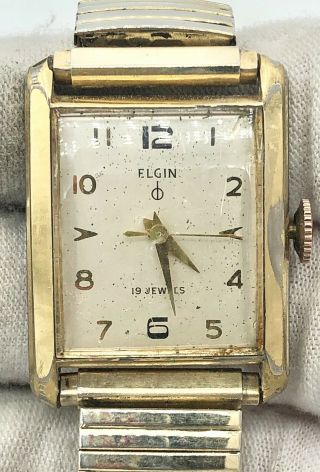 Vintage Mid - Century Elgin Gold Tone 19j Mechanical Tank Wristwatch
