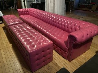 Rare & Unique 13 Ft Pink Leather Chesterfield Tufted Sofa W/ Matching Ottomans