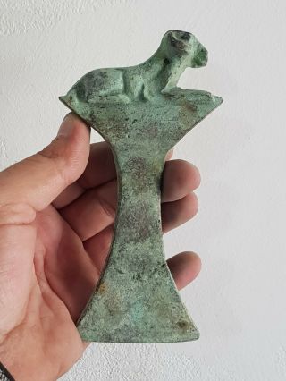 Rare Ancient Luristan Bronze Axe Animal Seated Figure On Top.  496 Gr.  160 Mm