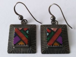 Vintage Q.  T.  Inlay 925 Sterling Silver Southwestern Earring Unique Rare Antique