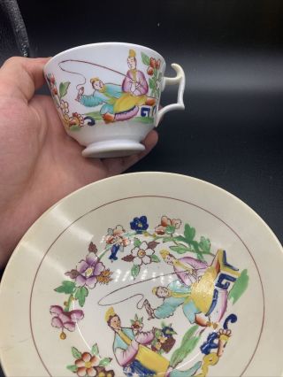 Antique English Tea Cup & Saucer Chinese Fisherman Pattern C1820 607