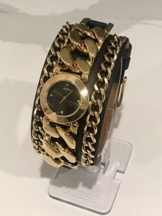 Guess Ladies Gold Chain & Black Leather Wide Cuff Watch “nib”
