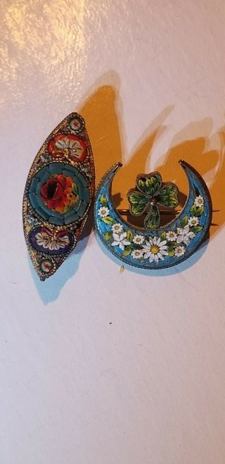 (2) Antique Victorian Murano Glass Micro Mosaic Brooch.  Set Of Two.