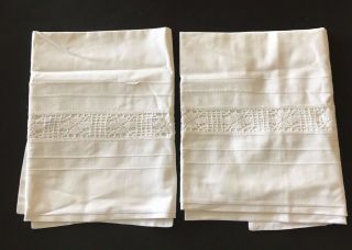 Vintage White Cotton Crochet Lace Pillow Shams 28x25 " Pair 2 Button Covers