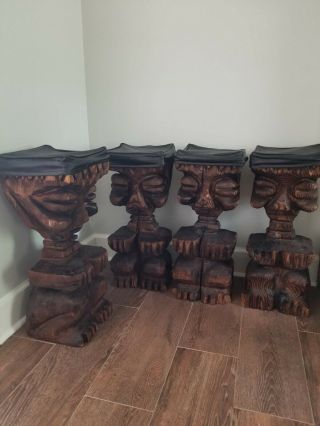 Rare Witco Midcentury Solid Wood Carved Tiki Bar Stools - Set Of 4