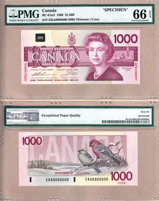 Very Rare Specimen 1988 $1000 Bank Of Canada Bird Series In Pmg Gem Unc66 Epq