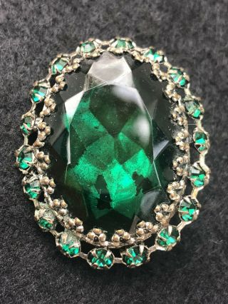Art Deco Rare Old Antique Vintage Emerald Green Glass Rhinestone Brooch Pin