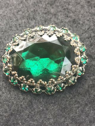 Art Deco Rare Old Antique Vintage Emerald Green Glass Rhinestone Brooch Pin 3
