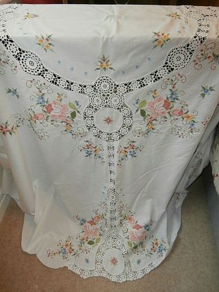 Ex.  Large Vintage Round Tablecloth Cross Stitch Embroidery/lace 96 " Diameter