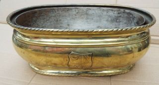 Antique Oval Brass Planter With Silverplate On Copper Liner Coat Of Arms Motif