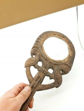 Wood Hand Mirror Vintage Antique Wooden Carved Handmade Old 13 1/2 " Long
