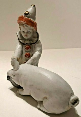 Antique Vintage Bisque Pig Clown Figurine Pierrot Harlequin Little Boy Clown