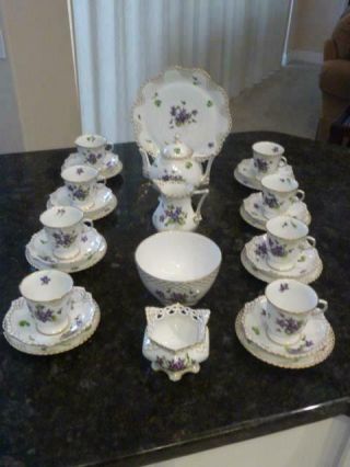 Rare Antique Royal Copenhagen 30 Piece Violets Pattern Full Lace Tea Set C1890 
