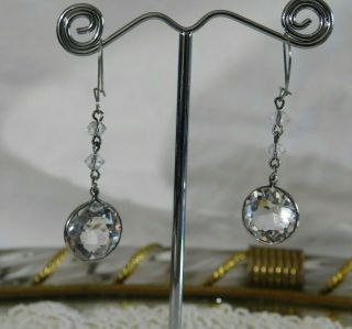 Antique Art Deco Clear Cut Crystal,  Sterling Silver Drop Earrings,  Pierced Wires