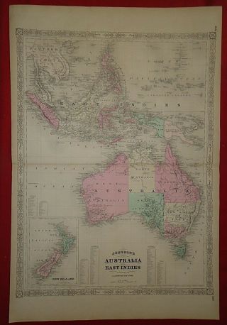 Vintage 1868 Australia - East Indies Map Old Antique Johnson Atlas Map