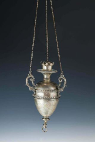 A Rare And Important Ner Tamid.  Vienna 1906.  Vase Form.  Suspended By Three Chain
