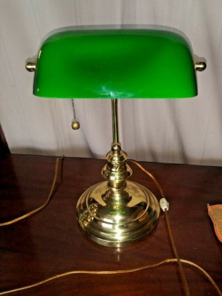 Antique Vintage Bankers/students Desk Lamp W/ Green Glass Shade
