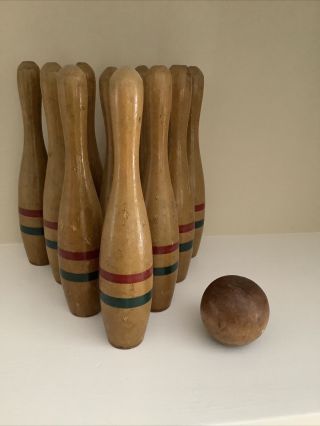 Vintage Wooden 7” Ten Pin Bowling Set Game 10 Pins And Wood Ball Antique Toy