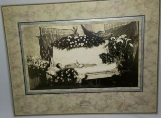 Antique Large Cabinet Card Post Mortem Woman Open Casket With Flowers Funeral