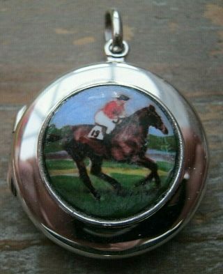 Solid Silver 925 & Enamel Gentlemans Horse & Jockey / Racing Fob Locket Pendant