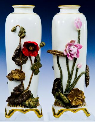 Royal Worcester - Pr Vases - Very Large Applied Flowers - Super Rare