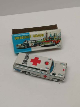 Rare Vintage Tin Litho Emergency Wagon Ambulance,  Made In Japan,