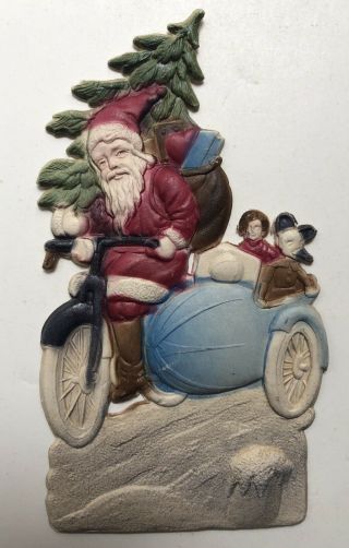 Rare Santa On Motorcycle With Side Car Die Cut Antique Christmas Embossed 4 3/4”