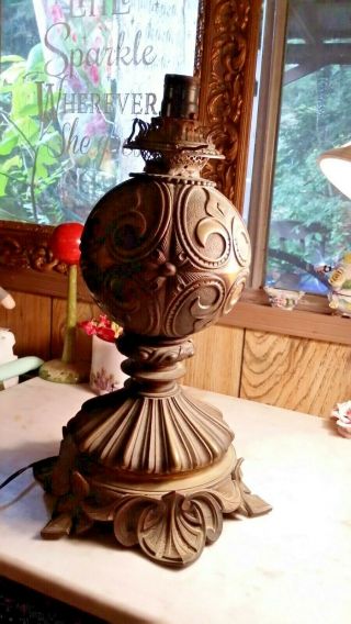 Antique Victorian Oil Lamp Converted To Electric Ornate Design & Very Sturdy