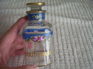 Antique Apothecary Drug Store Square Glass Bottle Hand Painted - Mouthwash Rare