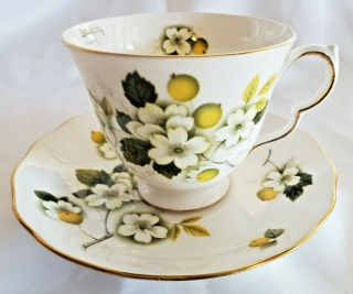 Vintage Queen Anne Footed Tea Cup And Saucer Orange Blossoms Gold Trim