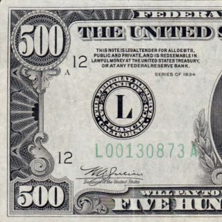 Rare San Francisco 1934 $500 Five Hundred Dollar Bill 1000 Fr.  2201 L00130873a