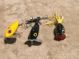 3 Vintage Fred Arbogast Jitterbug Hula Popper Topwater Rare Black Yellow Frog