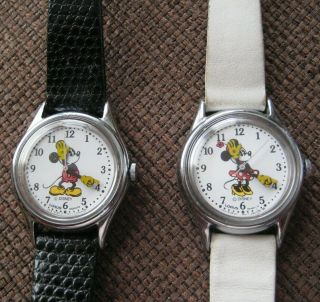 2 Vintage Lorus Disney Mickey & Minnie Mouse Small Face Watches Moving Arms Vg