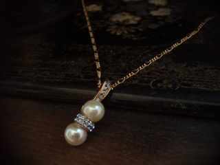 Elegant Vintage Light Sapphire Crystal & Pearl Drop Pendant Necklace.  Signed