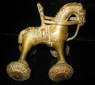 Vintage Brass Indian Shrine Temple Toy Horse With Rider