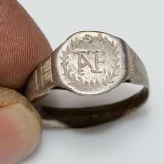 Late Roman Or Byzantine Silver Ring With Monogram Depiction - Intact